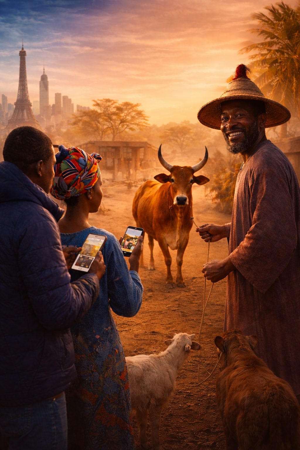Young man in diaspora video-calling family and buying livestock through Garabaly