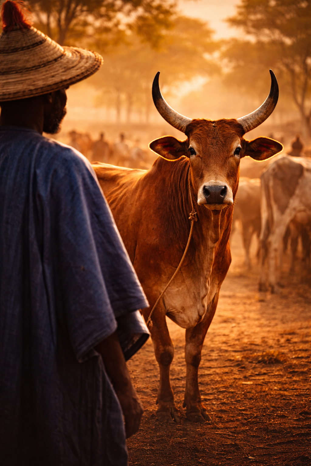 Herder with cattle at sunset in the Sahel
